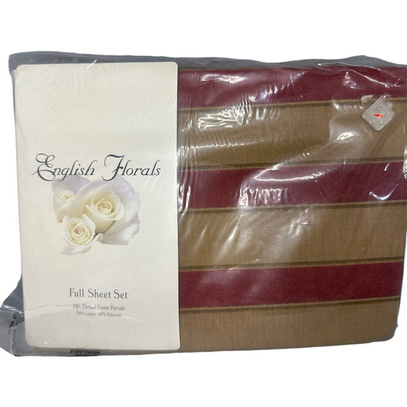 English Florals Other - Vintage New Full Bed Sheet Set 4pc English Floral Flower Garden Brown Red Strip